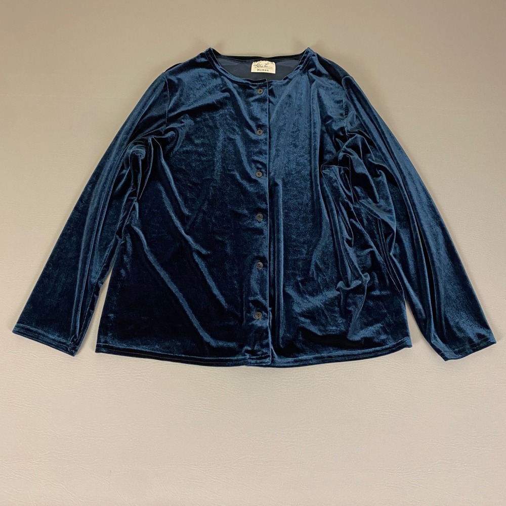 Kathie Lee Woman‎ Velvet Blouse Top Plus Size 14W/16W Blue Button Up Long Sleeve